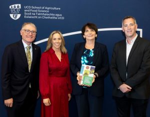 Pictured at the launch of 'The University of the Agricultural Community': A History of Agriculture at UCD, 1926-2026 at O'Reilly Hall in July 2026 : Prof. Frank Monahan, Dean and Head of School of Agriculture and Food Science; Prof. Karina Pierce, Director of External Affairs in School; Prof. Orla Feely, President of UCD; author Mark Duncan.